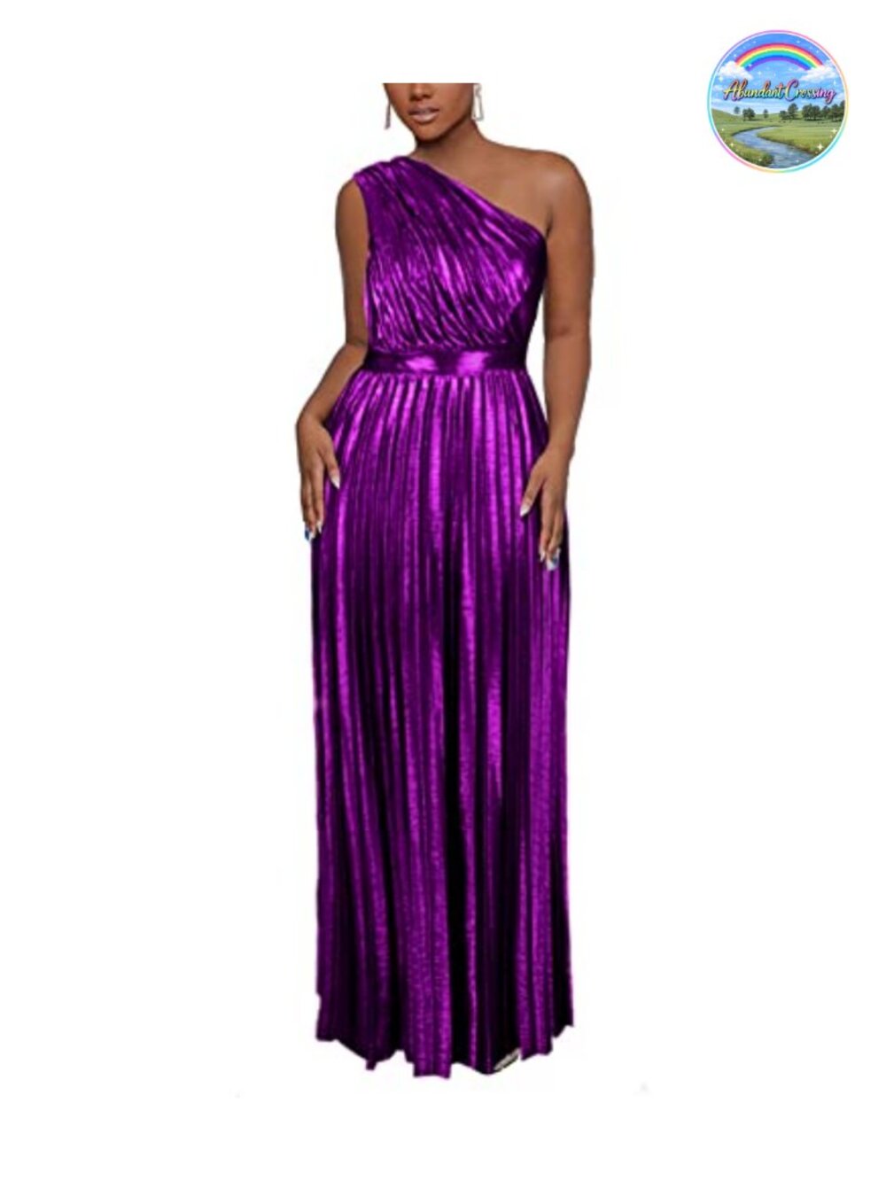 Women's Metallic One Shoulder Sleeveless Pleated Maxi Dress Formal Evening Gown